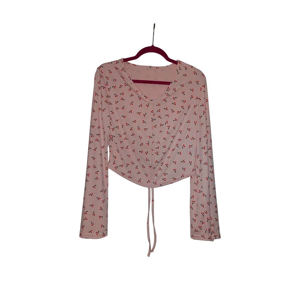 Cherry Print Pink Long Sleeve Ruched Crop Top With Adjustable Drawstring